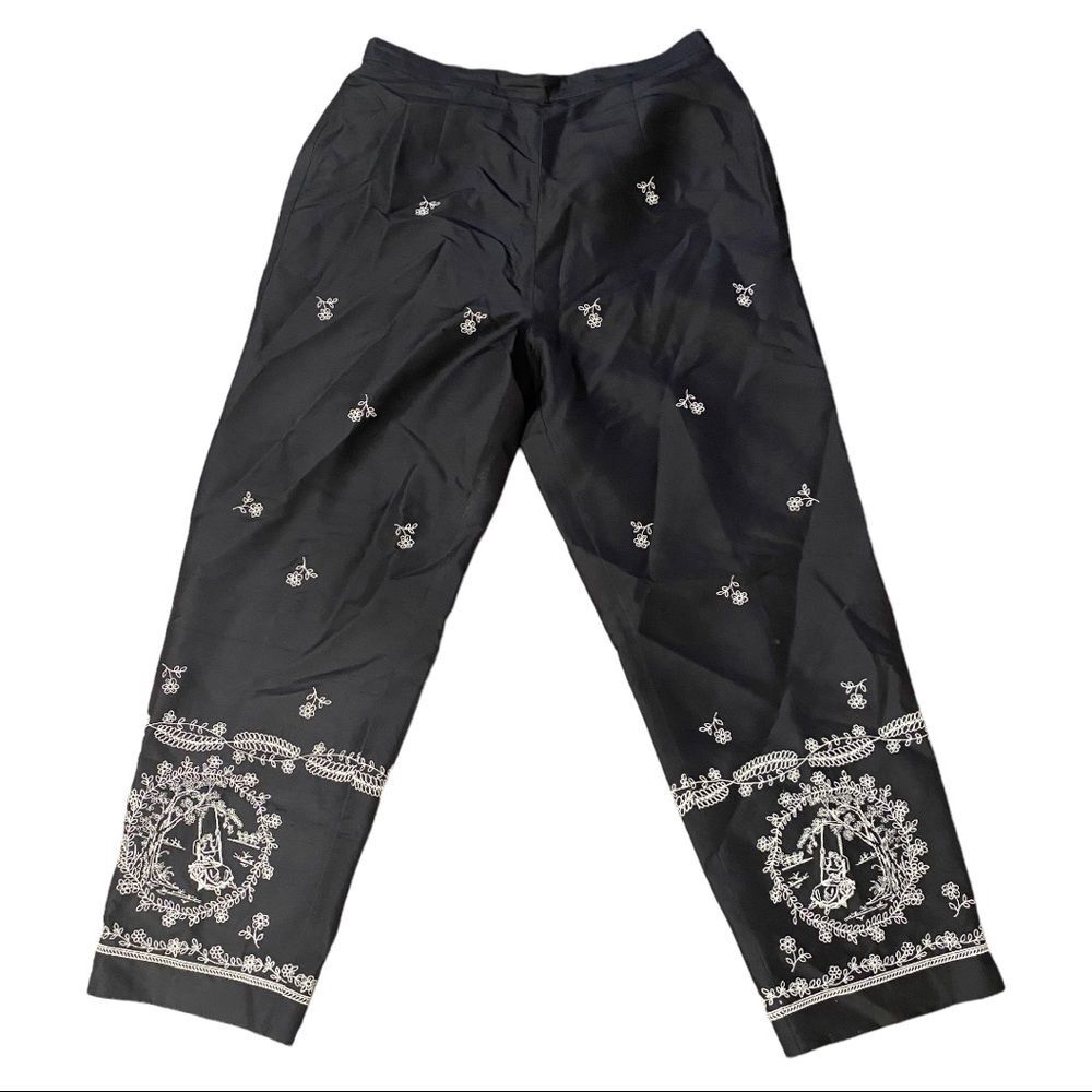 100% Silk Black & White Floral Pants Sz 8
